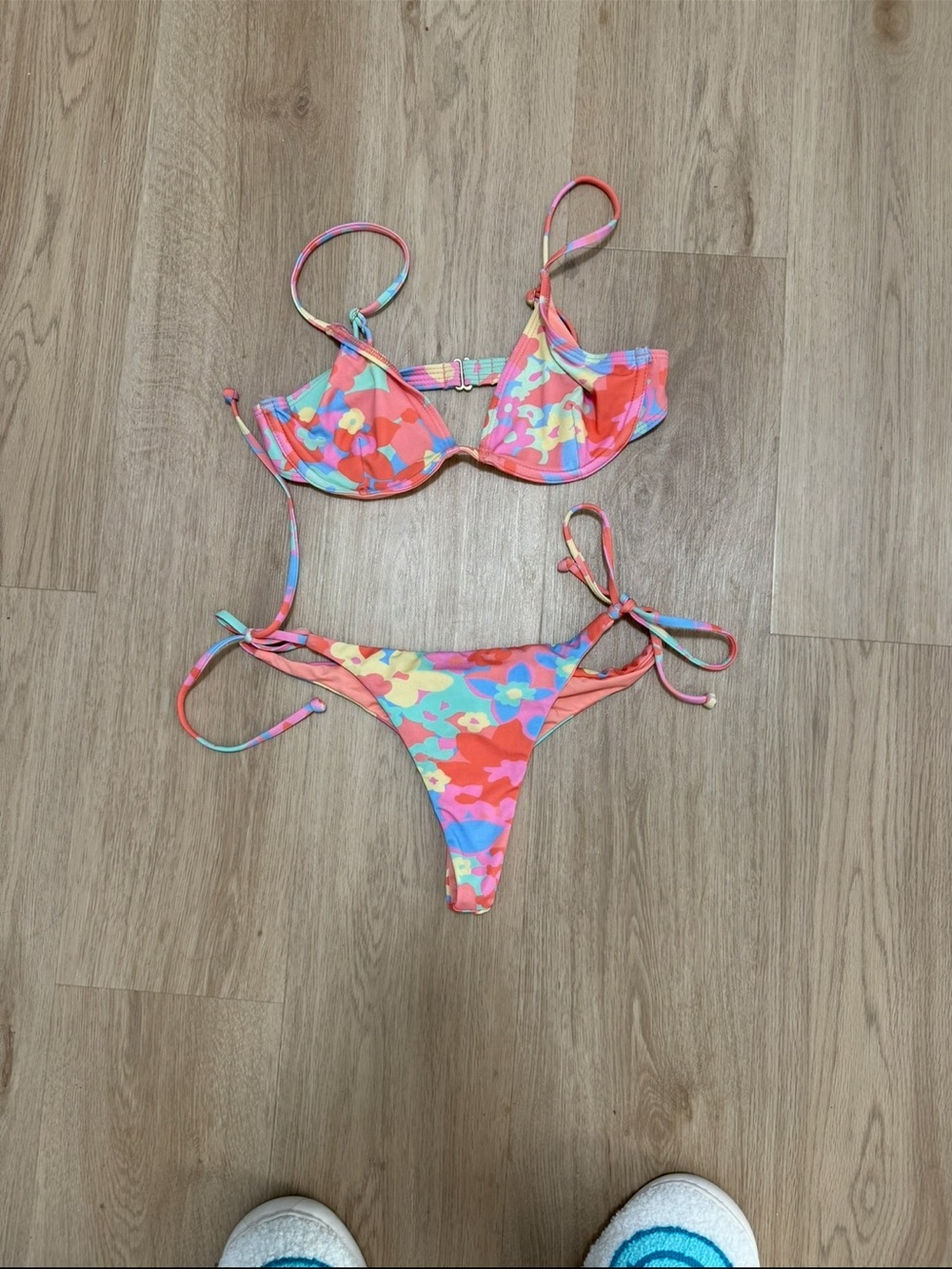 Billabong Floral Tie-Side Bikini in Coral, Pink, Yellow, Blue